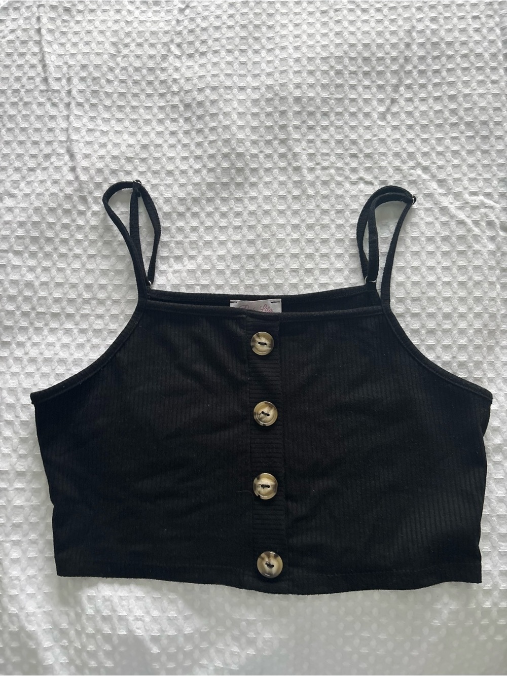 Pink Lily Black Ribbed Button-Front Cropped Camisole